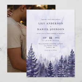 Invitación Boda Foto Bosque De Pino Morado Acuarela Rústica
