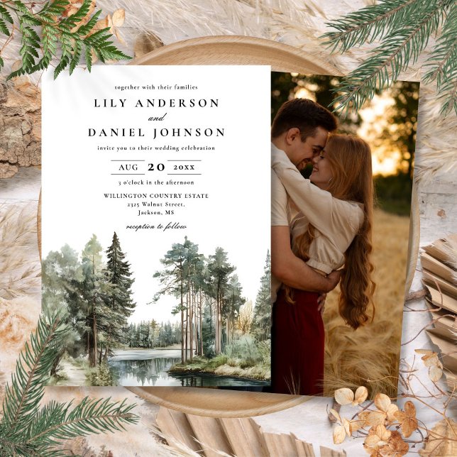 Invitación Boda Foto Bosque Lago Acuarela (Watercolor Lake Forest Woodland Photo Wedding Invitation)