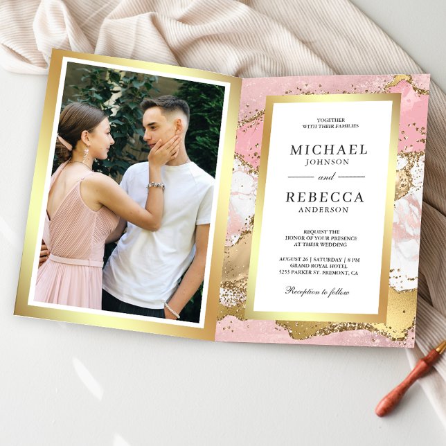 Invitación Boda Foto Código QR Mármol Rosa Rubor Oro Ágata (Subido por el creador)