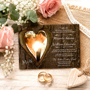 Invitación Boda Foto Corazón Árbol Madera Rústica
