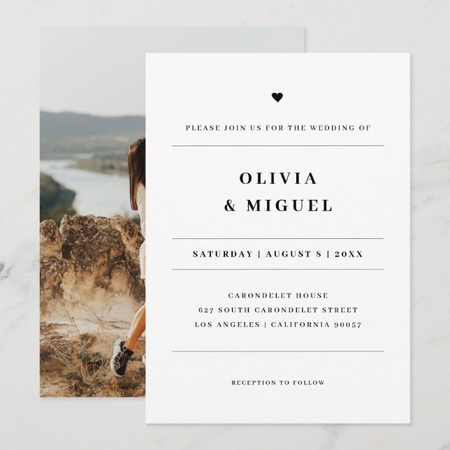 Invitación Boda Foto Corazón Blanco Negro Moderno (Anverso / Reverso)