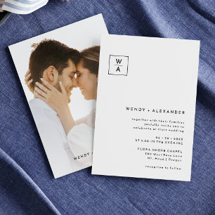 Invitación Boda Foto Cresta Monograma Negrita Moderna Blanca