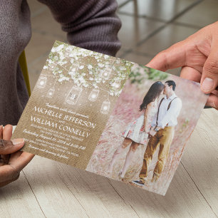 Invitación Boda Foto de Ropa de Bebé en Arpillera Rústica