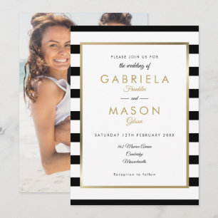 Invitación Boda Foto Dorada con Raya en Blanco y Negro