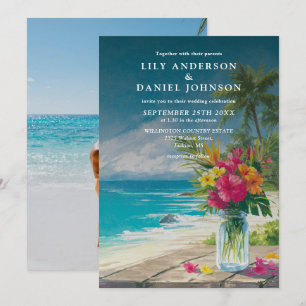 Invitación Boda Foto Floral de Playa Tropical en Tarro de Mas