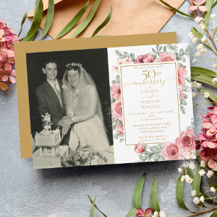 Invitación Boda Foto Floral Rosa 50 Aniversario Dorado 