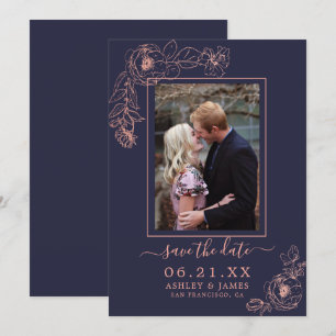 Invitación Boda Foto Floral Rosa Oro Navy Guardar La Fecha