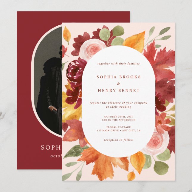 Invitación Boda Foto Floral Rústica Boho Borgoña (Anverso / Reverso)