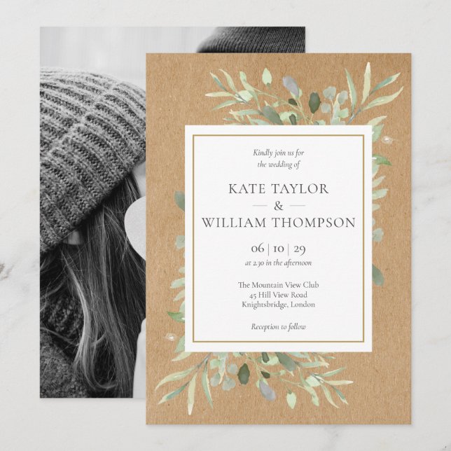 Invitación Boda Foto Greenery Boho Rústica (Anverso / Reverso)