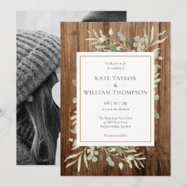 Invitación Boda Foto Greenery Madera Rústica