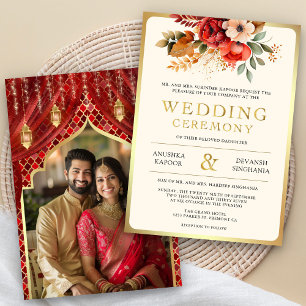 Invitación Boda Foto Hindú India Floral Oro Rojo
