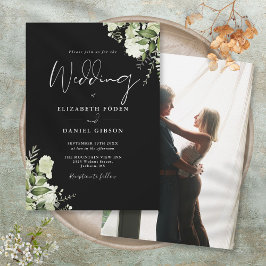 Invitación Boda Foto Hojas Verde Elegante Blanco Negro 