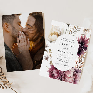 Invitación Boda Foto Marco Floral Marsala Otoño Rústico