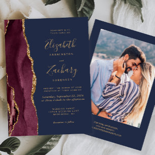 Invitación Boda Foto Moderno Burgundy Oro Ágata Azul Marino