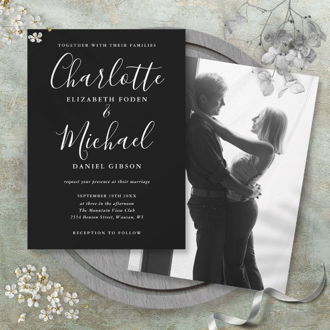 Invitación Boda Foto Monocroma Guion Blanco Y Negro (Black And White Script Monochrome Photo Wedding Invitation)