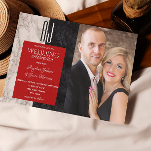Invitación Boda Foto Negro Blanco y Rojo