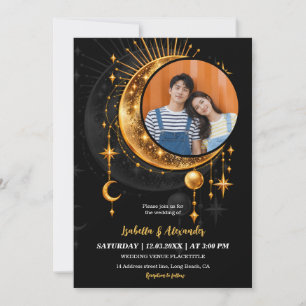 Invitación Boda Foto Nocturna Celestial de Luna Estrellada