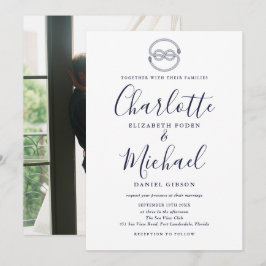 Invitación Boda Foto Nudo Náutico Escritura Azul Marino