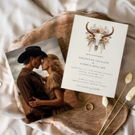 Invitación Boda Foto Oeste Cráneo de Vaca Floral Boho 