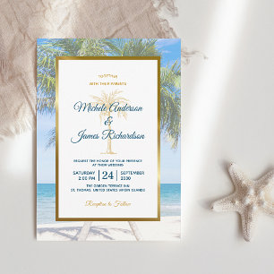 Invitación Boda Foto Playa Palmeras Tropical Gold