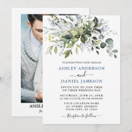 Invitación Boda Foto Polvo Azul Verde Acuarela