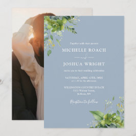 Invitación Boda Foto Polvo Azul Verde Eucalipto