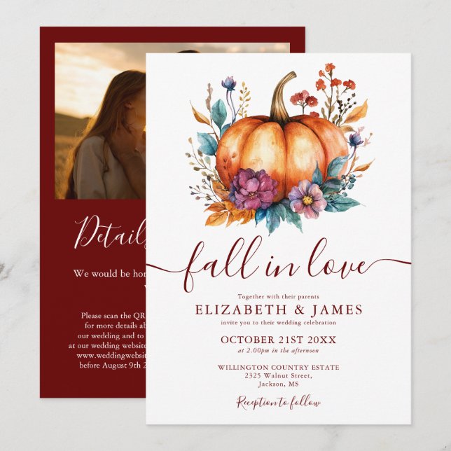 Invitación Boda Foto QR Otoño Borgoña Enamorarse Calabaza (Anverso / Reverso)