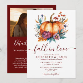 Invitación Boda Foto QR Otoño Borgoña Enamorarse Calabaza