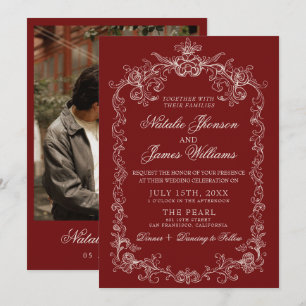 Invitación Boda Foto Retro Dinero Antiguo Borgoña Vintage