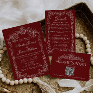 Invitación Boda Foto Retro Dinero Antiguo Borgoña Vintage