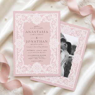 Invitación Boda Foto Rosa Clásico Encaje Vintage