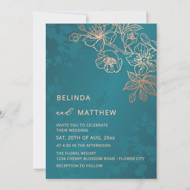 Invitación Boda Foto Rosa Dorado Verde Teal (Anverso)
