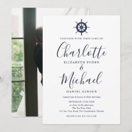 Invitación Boda Foto Rueda Náutica Escritura Azul Marina