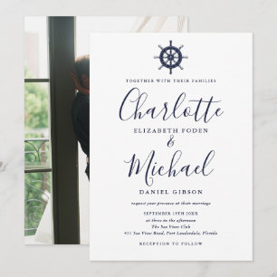 Invitación Boda Foto Rueda Náutica Escritura Azul Marina