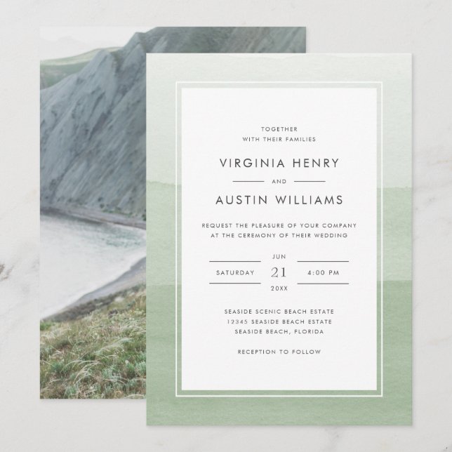 Invitación Boda Foto Verde Acuarela (Anverso / Reverso)
