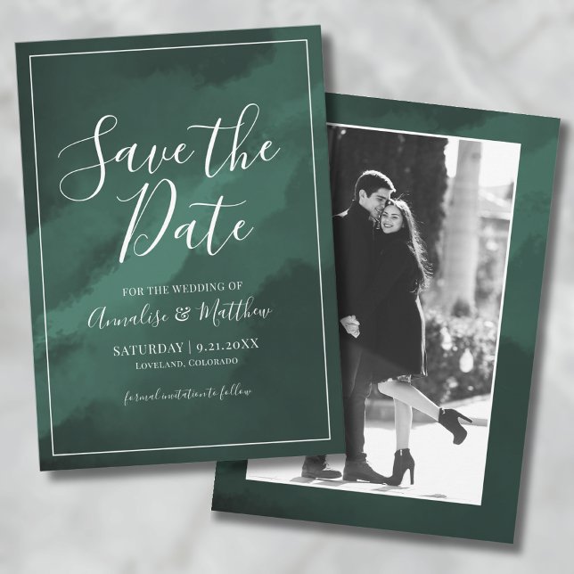 Invitación Boda Foto Verde Ahorra la Fecha (Elegant Script Green Wedding Save the Date Invitation)