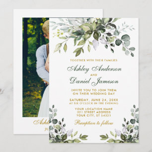 Invitación Boda Foto Verde Dorado Acuarela Vegetación