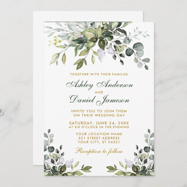 Invitación Boda Foto Verde Dorado Acuarela Vegetación (Anverso / Reverso)