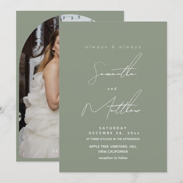 Invitación Boda Foto Verde Salvia Moderno  (Anverso / Reverso)