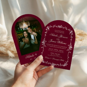Invitación Boda Fotografía Arqueada Floral Borgoña Dinero Ant