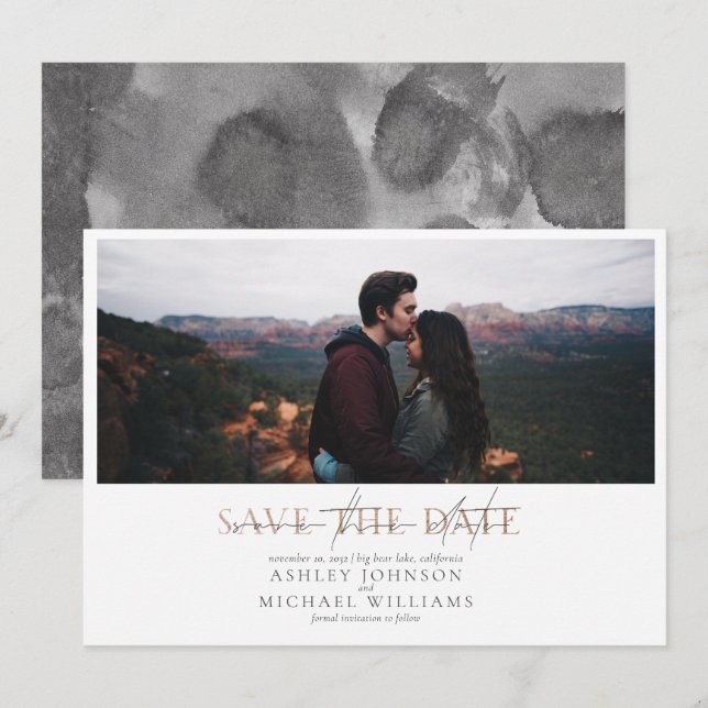 Invitación Boda fotográfica COPPER TYPOGRAPHY Guardar la fech (Anverso / Reverso)