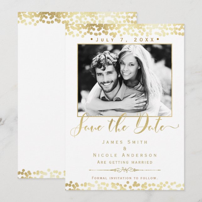 Invitación Boda fotográfica de Confetti blanco y oro salva la (Anverso / Reverso)