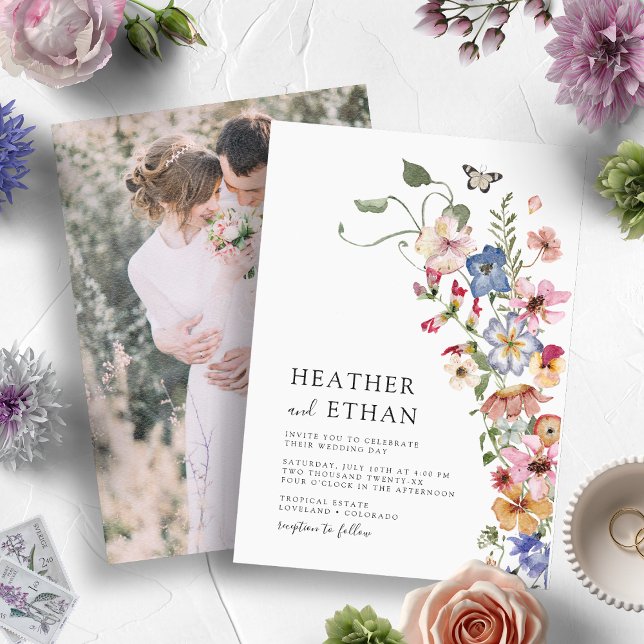 Invitación Boda Fotográfica Floral Moderna (Watercolor Colorful Wildflower Wedding Invitation with Engagement Photo by Painted Paperie)