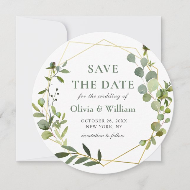 Invitación Boda fotográfica moderna de eucalipto AHORRA LA FE (Anverso)