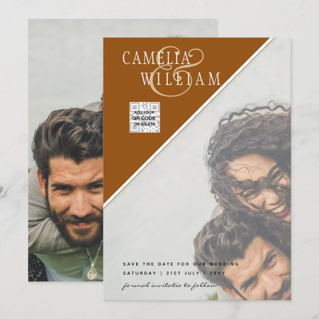 Invitación Boda fotográfica moderna invita a la canela QR COD (Anverso / Reverso)