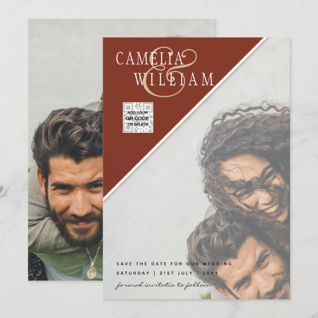 Invitación Boda fotográfica moderna invita a la canela QR COD (Anverso / Reverso)