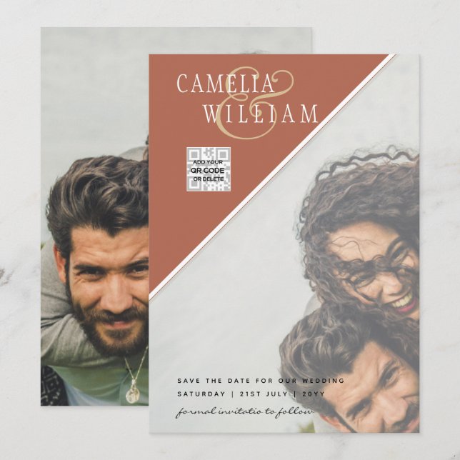 Invitación Boda fotográfica moderna invita a la canela QR COD (Anverso / Reverso)