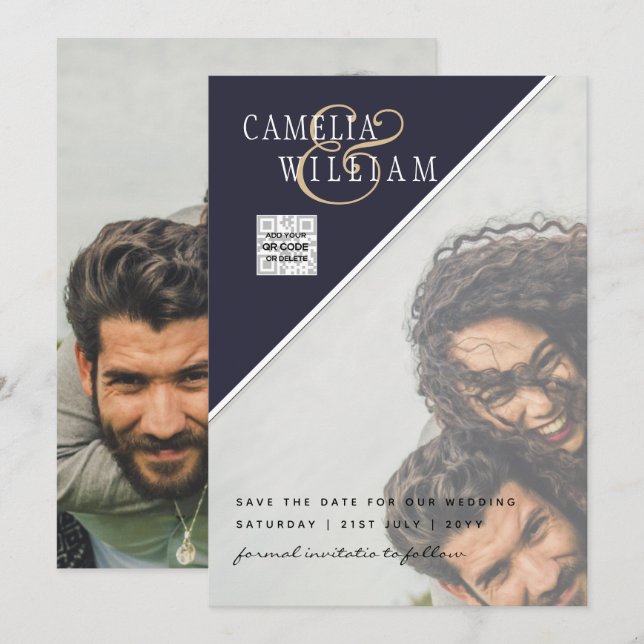 Invitación Boda fotográfica moderna invita a QR CÓDIGO RSVP A (Anverso / Reverso)