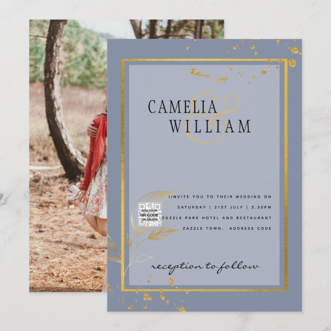 Invitación Boda fotográfica moderna invita a QR CÓDIGO RSVP A (Anverso / Reverso)