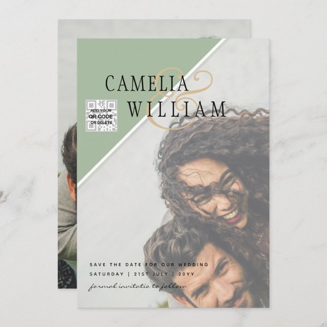 Invitación Boda fotográfica moderna invita a QR CÓDIGO Rsvp V (Anverso / Reverso)